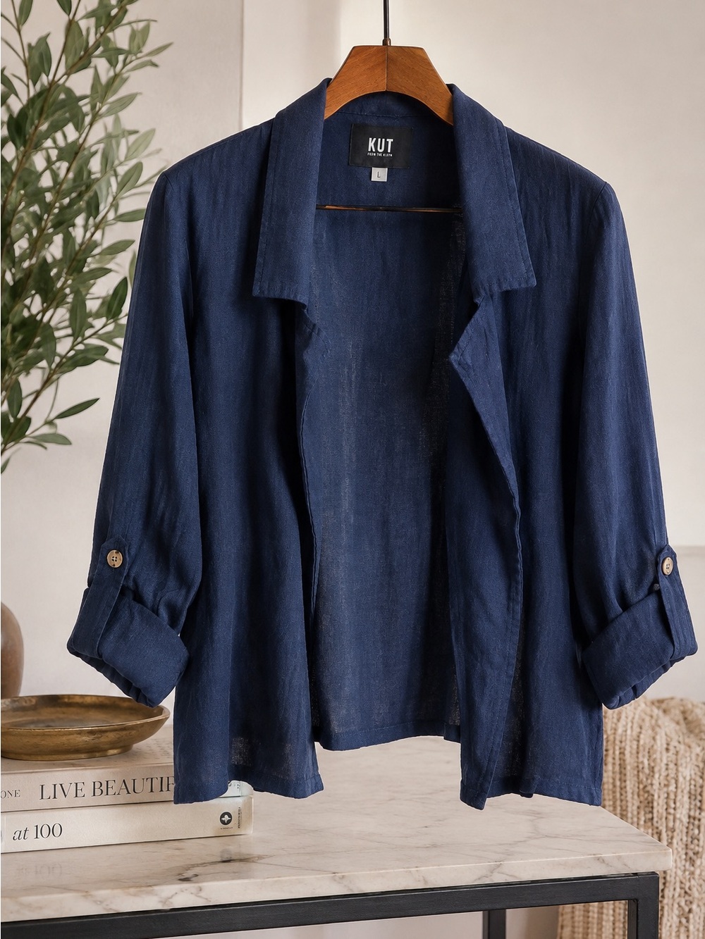 KUT From the Kloth Navy Linen Blend Open Front Jacket Blazer Size Large - Picture 2 of 9